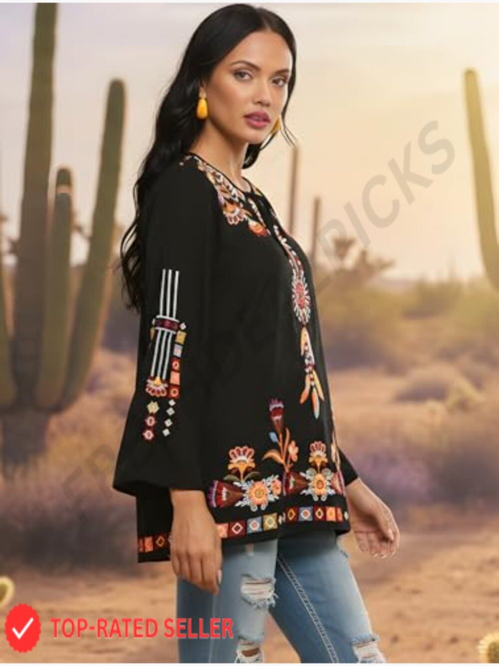 Embroidered Peasant Tunic Blouse Boho Chic Loose Fit Long Sleeve Summer Top - Picture 6 of 7
